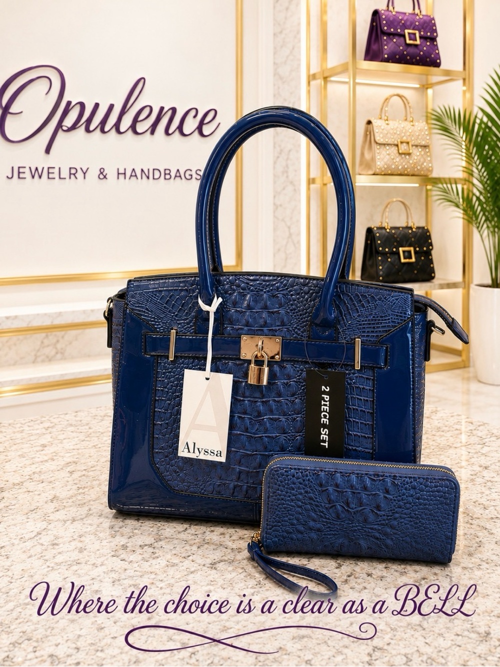Navy Croc-Embossed Satchel & Wristlet Set